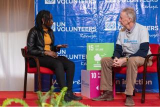 Caroline Kamau (left) and Charlie Bartlett (right) during their conversation on intergenerational solidarity for climate action at the UNV Kenya CDLF training event.