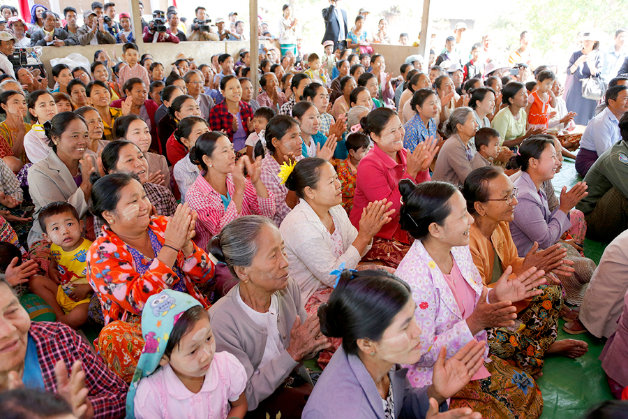 Female residents of Myanmar's Aye Chan Thar village discuss project design