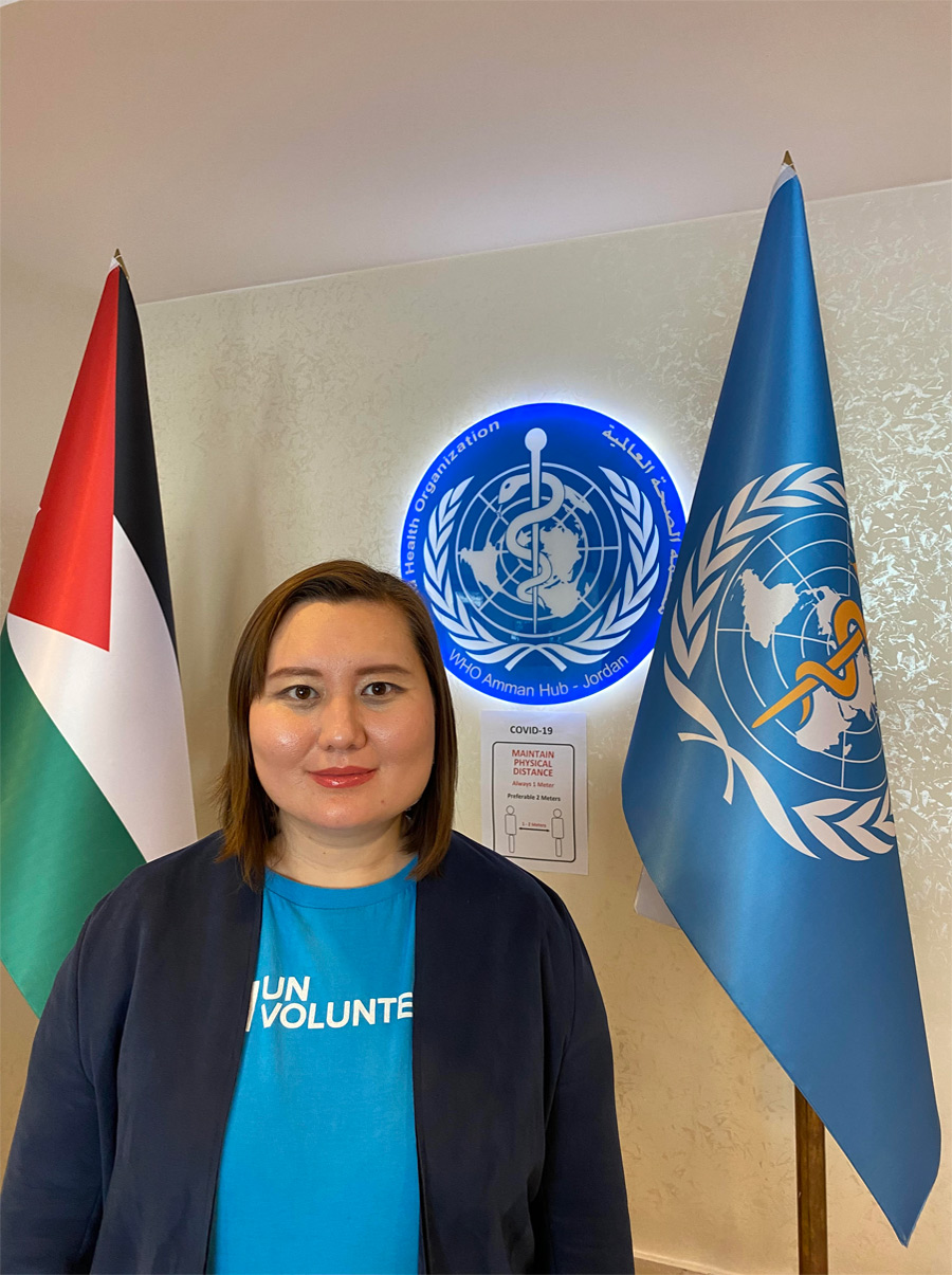 Photo: ​Ainur Kanafina serves as an international UN Volunteer Policy Advisor in Gender Equity and Health with WHO in Jordan, where the organization is supporting the Ministry of Health with tracking, monitoring, and embedding gender element in the National Vaccine Deployment Plan. © UNV, 2021