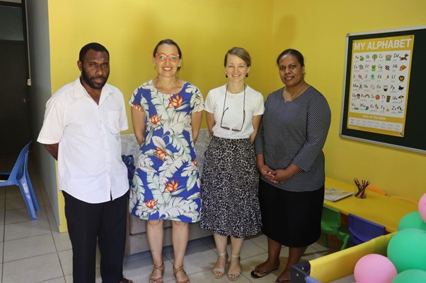 Cristina Comunian (second left), after meeting colleagues working at Vanuatu's Victim Support Centre. The renovation has created a dedicated confidential office space to be used by victims of Sexual Gender-Based Violence (SGBV) for consultation and engagement with experts and service providers who include forensic medical clinicians, psychologists, police officers, and social welfare officers.