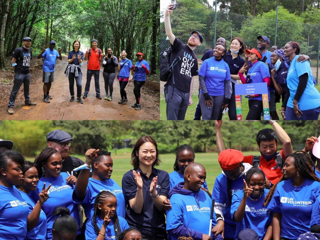 Above, UNV Executive Coordinator, Kyoko Yokosuka, joined UN Volunteers and other colleagues for IVD 2021 run at Karura Forest in Nairobi, Kenya