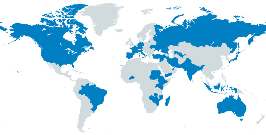 Map of the world showing highlighted countries.