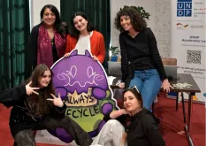 Celebrating innovation: Khatuna Sandroshvili, Mariam Dangadze and Nita Gegeshidze with the AccLab and Zizi Nishnianidze, Maria Tarielashvili with Ripple Games.