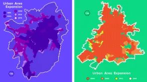 GIS imagery showing two urban area expansions: Podgorica (left) and Pristina (right).
