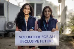 UN Volunteer Site Planner Samara Hamid (right) and UN Volunteer AutoCAD Surveyor Urmi Das, at the office of IOM in Cox’s Bazar, Bangladesh.
