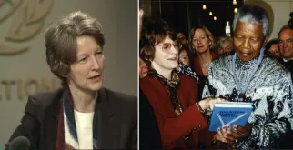 UNV Executive Coordinator Brenda McSweeney (left) sharing the UNV publication Volunteers Against Conflict with Nelson Mandela.