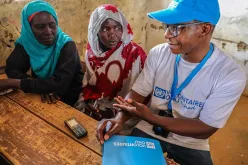 Dominique Niava, UN Volunteer Associate Education Officer for the UN Refugee Agency at the Iridimi refugee camp in Chad, on the border with Sudan. He is conducting training for the camp teachers of the charter of conduct and professional ethics just before the start of the 2019-2020 school year.