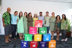 Cristina Comunian (third from right), international UN Volunteer Specialist celebrates World Earth Day with her colleagues at the United Nations Resident Coordinator’s Office in Fiji.
