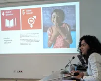 Fatima Jiwani, international UN Volunteer Education Specialist with UNICEF gives a presentation on gender-responsive education at the Ministry of Education in Lebanon.