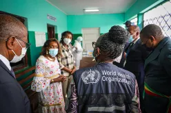 Dr Matshidiso Moeti (centre, addressing the group), WHO Regional Director for Africa, visiting community rapid diagnostic testing site in Brazzaville, Congo.