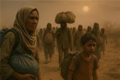 Human mobility caused by climate change has an uneven impact on vulnerable countries and populations. An AI-generated photo depicting a journey through a dusty wasteland.