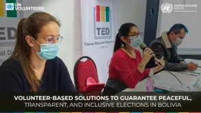 UN Volunteer Dita Bicanovska (far left, Czech Republic) serves with UNDP in Bolivia. Together with colleagues from the ​departmental regional branches at the local level, she supported the organization of credible elections in the country in 2020.