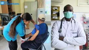 Namrata Kundu (first left), Emergency Nurse, and Doctor Phanuel Tawanda Gwinji, (right), Medical Officer are two international UN Volunteers on the front line helping to deliver healthcare services to UN personnel serving in Afghanistan.