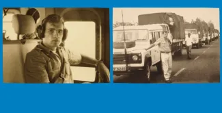 Stephen Kinloch Pichat, former UN Volunteer, on an air visit during the United Nations Assistance Mission in Somalia in April 1994, and leading a humanitarian convoy for initiating voluntary repatriation in Rwanda in July 1994.
