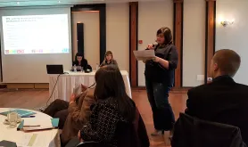 UN Volunteer Sarah El Attar, Fully funded by Belgium,  in charge of presenting one of the UNDAF strategic priorities at a meeting where UN and Ministry stakeholders are gathered (UNESCO, 2017)