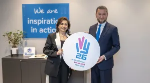 Sima Sami Bahous, UN Women Executive Director and Toily Kurbanov, UNV Executive Coordinator hold the IVY 2026 banner at the UNV offices in Bonn.