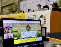 The 5th UN Environment Assembly (UNEA 5) virtual meeting in session with image of the participants through a laptop.