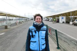 Iryna Koval, national UN Volunteer, during a visit of the inter-cluster coordination group to the Mariinka checkpoint in eastern Ukraine.