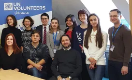 Yurii Chernukha, national UN Volunteer (first from right) with fellow UN Volunteers in Ukraine.