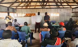 Pictured on the right, wearing a black shirt, UN Volunteer Civil Affairs Officer with UNMISS, Morris Charumbira, during a training session on reconciliation and trauma healing in Leer County, Unity State.
