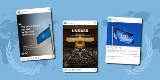 Three screenshots of social media posts from the unicmanama Instagram account celebrating the 80th anniversary of the United Nations (UNGA80) against a light blue world map background.