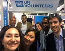 UN Volunteer Sheriff Abdulai (second from right), with other UN Volunteers and UNV staff, at the UNV booth at the World Humanitarian Summit that took place in Turkey in May 2016.