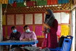 Sabrina Sharmin, UN Volunteer Information Management Officer with UNICEF provides training on data collection to the implementing partners in the learning center in Rohingya camps