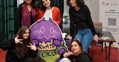 Celebrating innovation: Khatuna Sandroshvili, Mariam Dangadze and Nita Gegeshidze with the AccLab and Zizi Nishnianidze, Maria Tarielashvili with Ripple Games.  