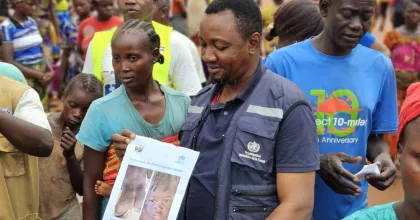 Community volunteers raise awareness of measles epidemic in Bangassou, Central African Republic. Photo referenced in the 2026 SWVR.