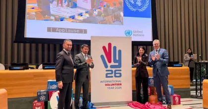 The global launch of the International Volunteer Year 2026 at the UN General Assembly with the Madam President of the UNGA, UNV Executive Coordinator, and the co-conveners of the event from Germany and Kazakhstan.