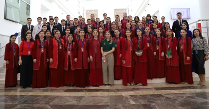 Photographed at a climate awareness training in Ashgabat, Rose Lagrotte (center) is a UN Volunteer Climate Change Associate with the UNRCO in Turkmenistan, on an assignment funded by France.