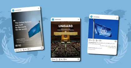 Three screenshots of social media posts from the unicmanama Instagram account celebrating the 80th anniversary of the United Nations (UNGA80) against a light blue world map background.