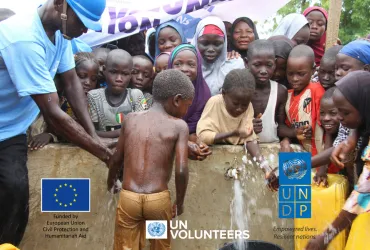 Children celebrating after succesful repair of a borehole by UN Community Volunteers in Bara Community - Yobe State, Nigeria. 
