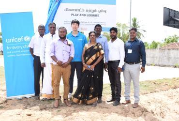 Kyoreh Yoo (fourth from the left) at the opening of tennis and basketball courts with Child-Friendly Cities Initiative dedicated team at Kokkadicholai, Sri Lanka.