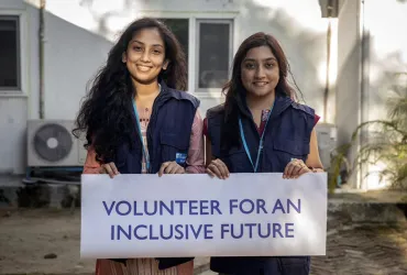 UN Volunteer Site Planner Samara Hamid (right) and UN Volunteer AutoCAD Surveyor Urmi Das, at the office of IOM in Cox’s Bazar, Bangladesh.