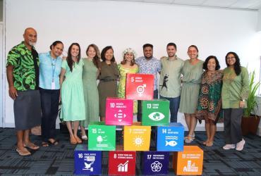 Cristina Comunian (third from right), international UN Volunteer Specialist celebrates World Earth Day with her colleagues at the United Nations Resident Coordinator’s Office in Fiji. 