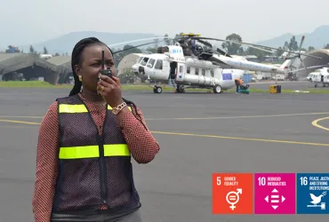 Grace Otieno, UN Volunteer Air Operations Planning Officer at the MOVCON Aviation section of MONUSCO in Goma, DRC, doing a pre-flight check.