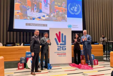 The global launch of the International Volunteer Year 2026 at the UN General Assembly with the Madam President of the UNGA, UNV Executive Coordinator, and the co-conveners of the event from Germany and Kazakhstan.