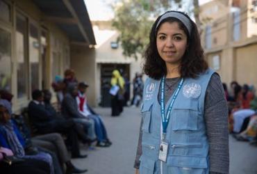 UN Volunteer, Esraa Mohammed, at the refugee centre in Cairo, Egypt.