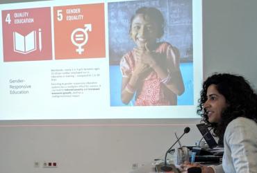 Fatima Jiwani, international UN Volunteer Education Specialist with UNICEF gives a presentation on gender-responsive education at the Ministry of Education in Lebanon.