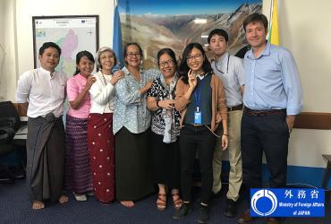 Sho Matsumura (second from right), HRD-UN Volunteer M&E and Reporting Officer in Myanmar, with the members of his team in the Resident Coordinator's Office.