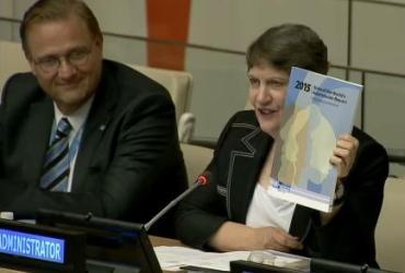 Helen Clark, UNDP Administrator, giving the opening speech during the launch of the State of World's Volunteerism Report 2015, at UN Headquarters in New York. 