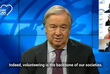 UN Volunteers serving during COVID-19, working to guarantee nobody is left behind, listening to the IVD message from UN Secretary-General António Guterres. 