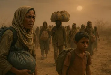 Human mobility caused by climate change has an uneven impact on vulnerable countries and populations. An AI-generated photo depicting a journey through a dusty wasteland.