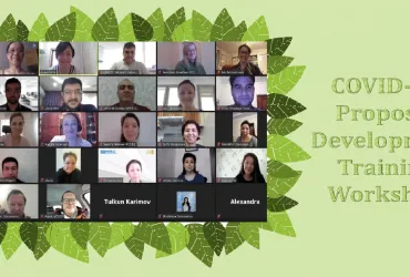 UN Volunteer Ayaka Naito (top row, second from left) together with facilitators and participants in a COVID-19 Proposal Development Training workshop.