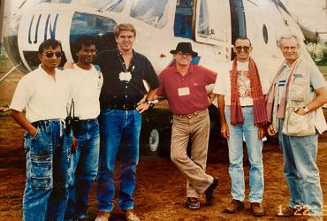 Kevin Gilroy (third from left) with volunteers and staff in Mondulkiri, rural Cambodia, in 1991, preparing for elections.