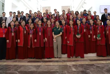 Photographed at a climate awareness training in Ashgabat, Rose Lagrotte (center) is a UN Volunteer Climate Change Associate with the UNRCO in Turkmenistan, on an assignment funded by France.