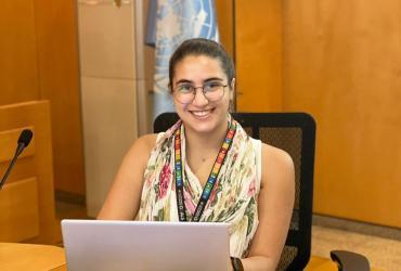 UN Youth Volunteer Sarah Jaroush during a virtual consultation on preventing the re-emergence of violent extremism in the context of the Syria crisis.