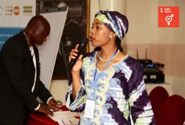 UN Volunteer Angela Nnoko Mejane presenting during a capacity building workshop on gender mainstreaming, prevention and response to gender-based violence in emergency and humanitarian settings in Dakar, Senegal.