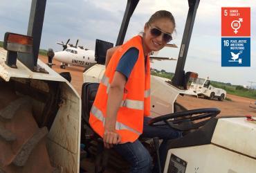 UN Volunteer Air Operations Assistant Ia Sakaadze serves with UNMISS in South Sudan, controlling safe ground operations on the airfield.